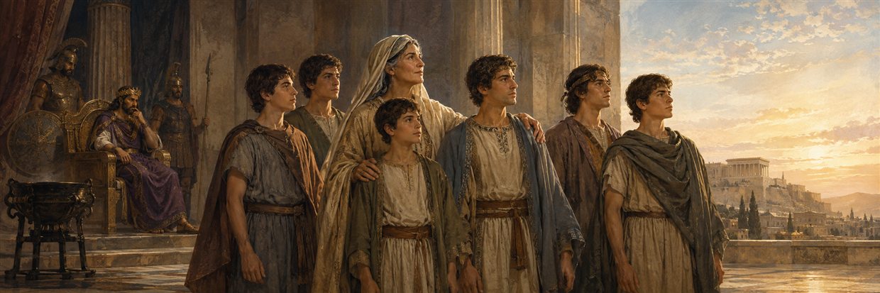 A mother encourages her seven sons to remain faithful in a hostile royal court as dawn light enters